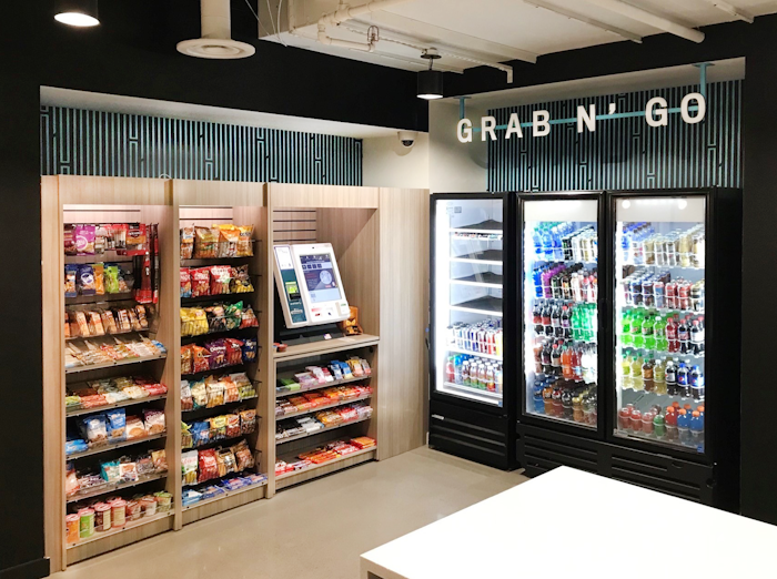 Grab and Go station with snacks and beverage cooler