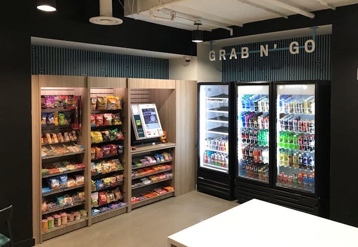 Grab and go station with beverage cooler and snacks