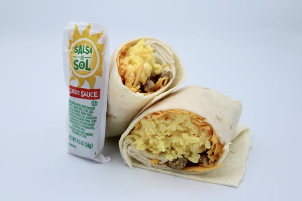 Sausage egg and cheese wrap with picante sauce